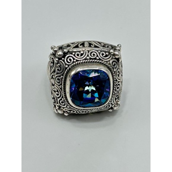 Mystic Blue Quartz Ring Size 5 Sterling Silver Ornate Raised Stone Silver 925 - Picture 4 of 10